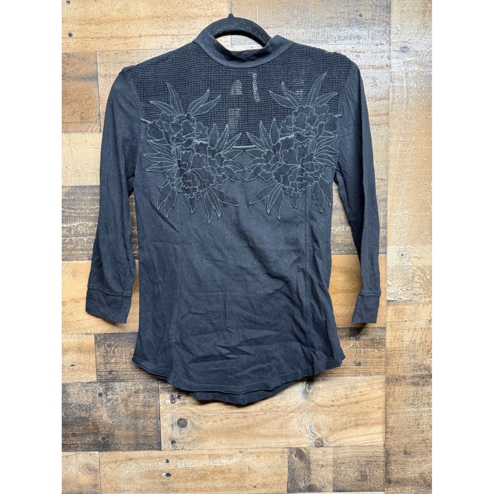 Free People Black Embroidered Mesh Yoke Mock Neck Top Cotton Linen Size M